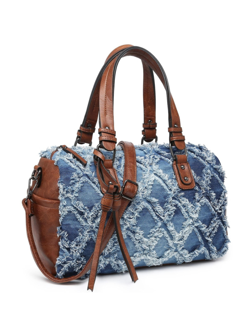 Denim Frayed Satchel with Brown Trim